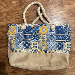Yellow and blue mosaic canvas beach bag rope handle tote zippered close
